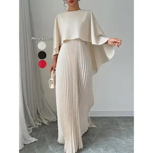 Women's Plain Pleated Cloak Sleeve Maxi Dress, Elegant Round Neck Dress for Party Holiday Wedding Guest, Ladies Spring & Fall Clothes, Valentine's Day Gift for Girl
