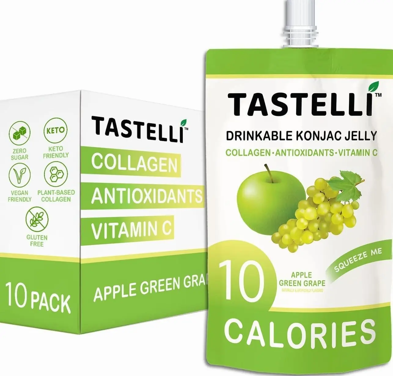 Tastelli Konjac Jelly Infused with Collagen & Vitamin C | Gluten Free, Sugar Free, Low Calorie | Vegan Drinkable Fruit Jelly Snack | Apple Green Grape | 150mL x 10 Pouches