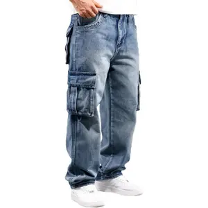 Men’s casual loose-fit straight-leg cargo workwear denim jeans, hip-hop style with multiple pockets, menswear vibe