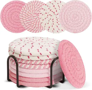Pink Coasters Set of 8 with Holder Cute Girly Coasters for Office Desk Woven Hot Pink Coaster for Living Room Decor Apartment Home Essentials Housewarming Gifts for Women