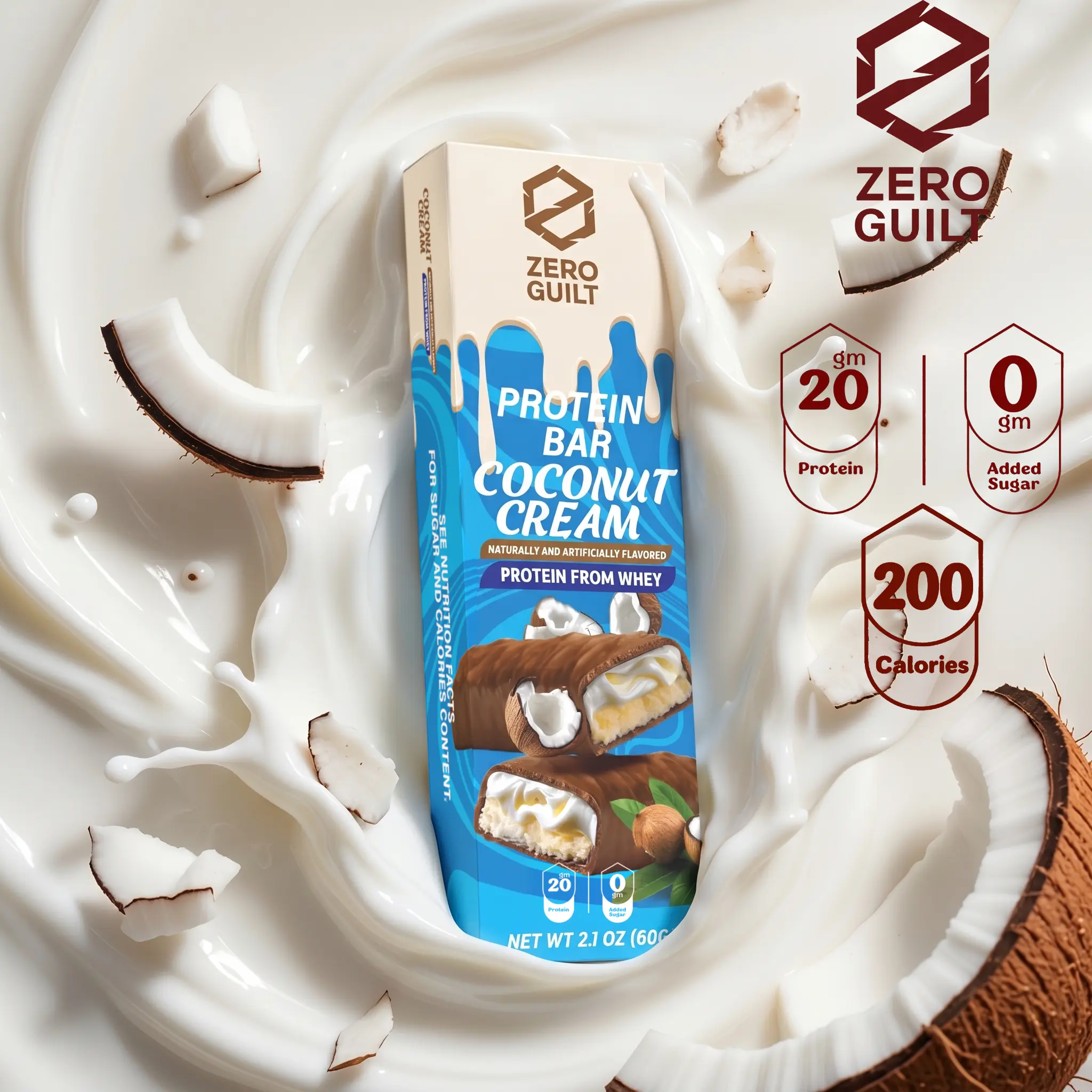 ZERO GUILT Coconut Cream 20G Protein Bar, ZERO Added Sugar, 60g Net Weight - 12 Pack, Snacks, Ready To Eat Snacks
