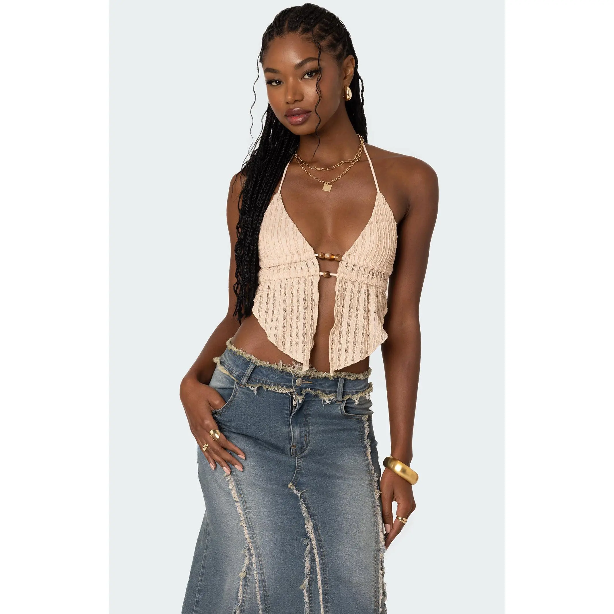 Edikted Women's Anaya Textured Open Back Halter Top