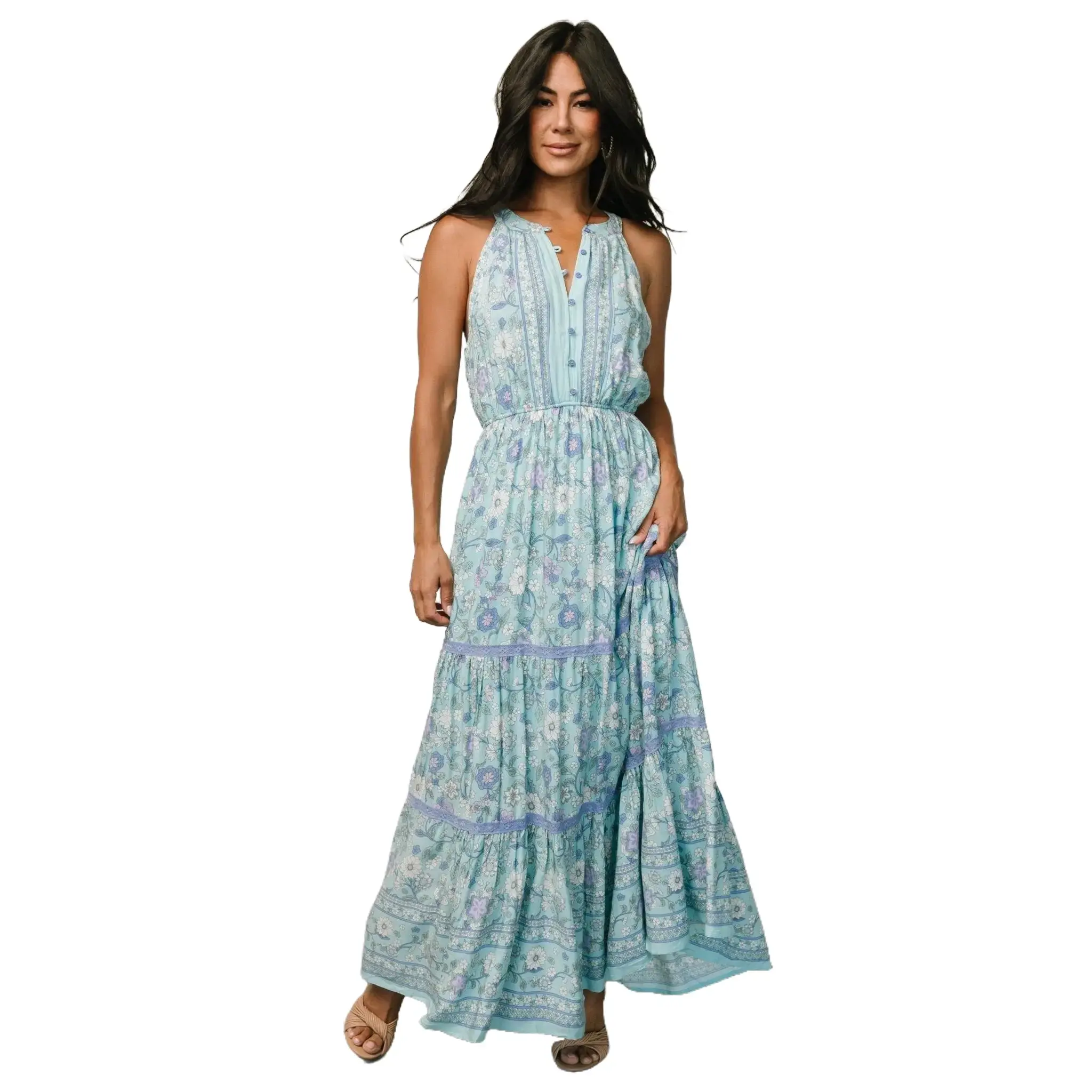 Women's Cute High Neck 100% Rayon Button-Front Tiered Print Casual Maxi Dress, Light Blue Multi Style