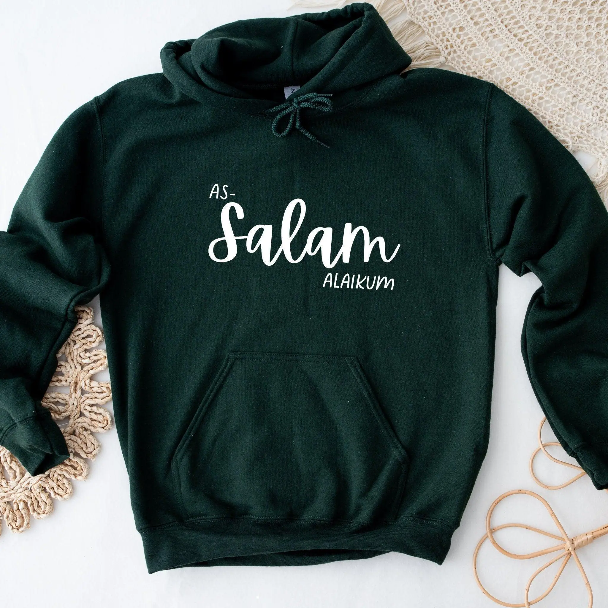 Assalamalaikum Hoodie by Humraha | Desi Arab Muslim Fashion Apparel Gifts for Ramadan Eid Nikkah Wedding Couples Families New Moms Aunts Uncles Grandparents | Pakistan India Bangladesh Palestine Lebanon Egypt Syria