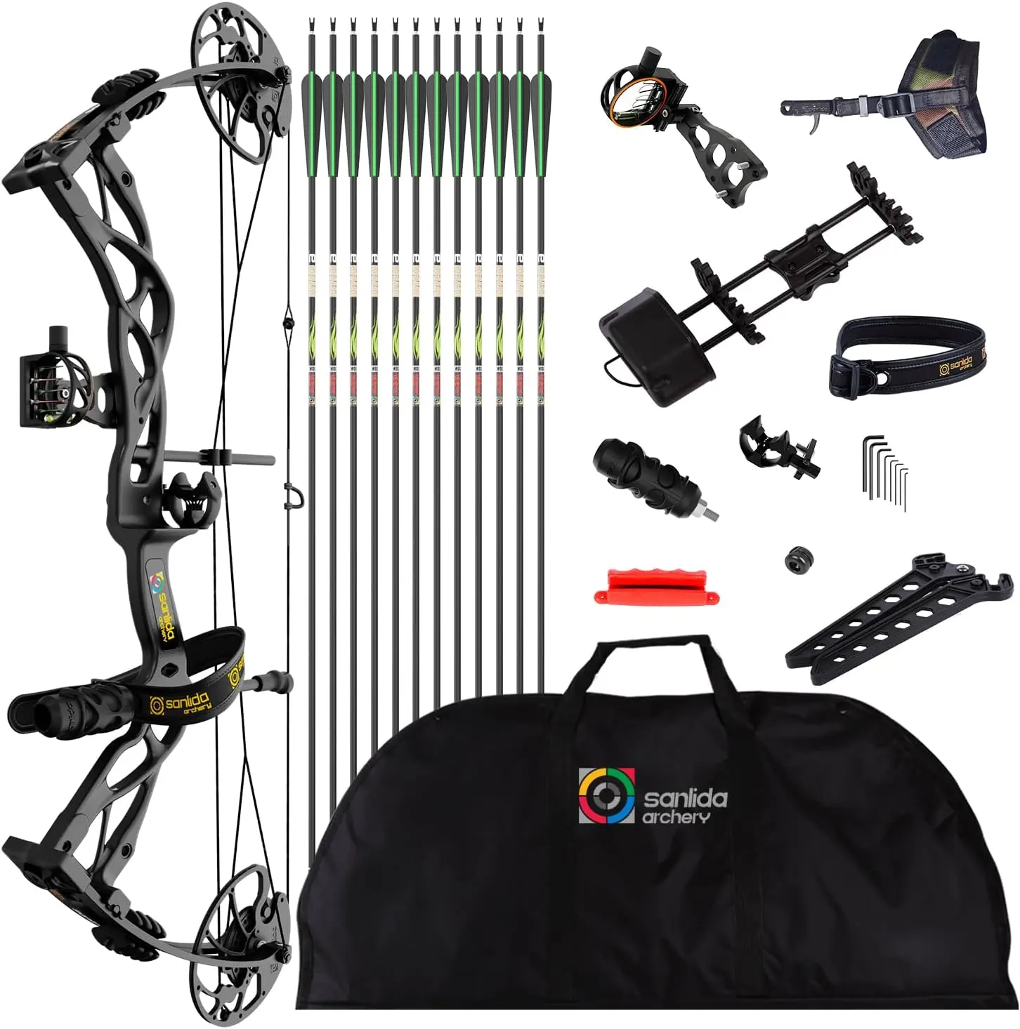 Sanlida Archery Dragon X9 Ready to Hunt Compound Bow Package for Adults, Archery Compound Bow and Arrow Set, 0-70 Lbs Draw Weight, No Bow Press Needed, Limited Life-time Warranty Carbon