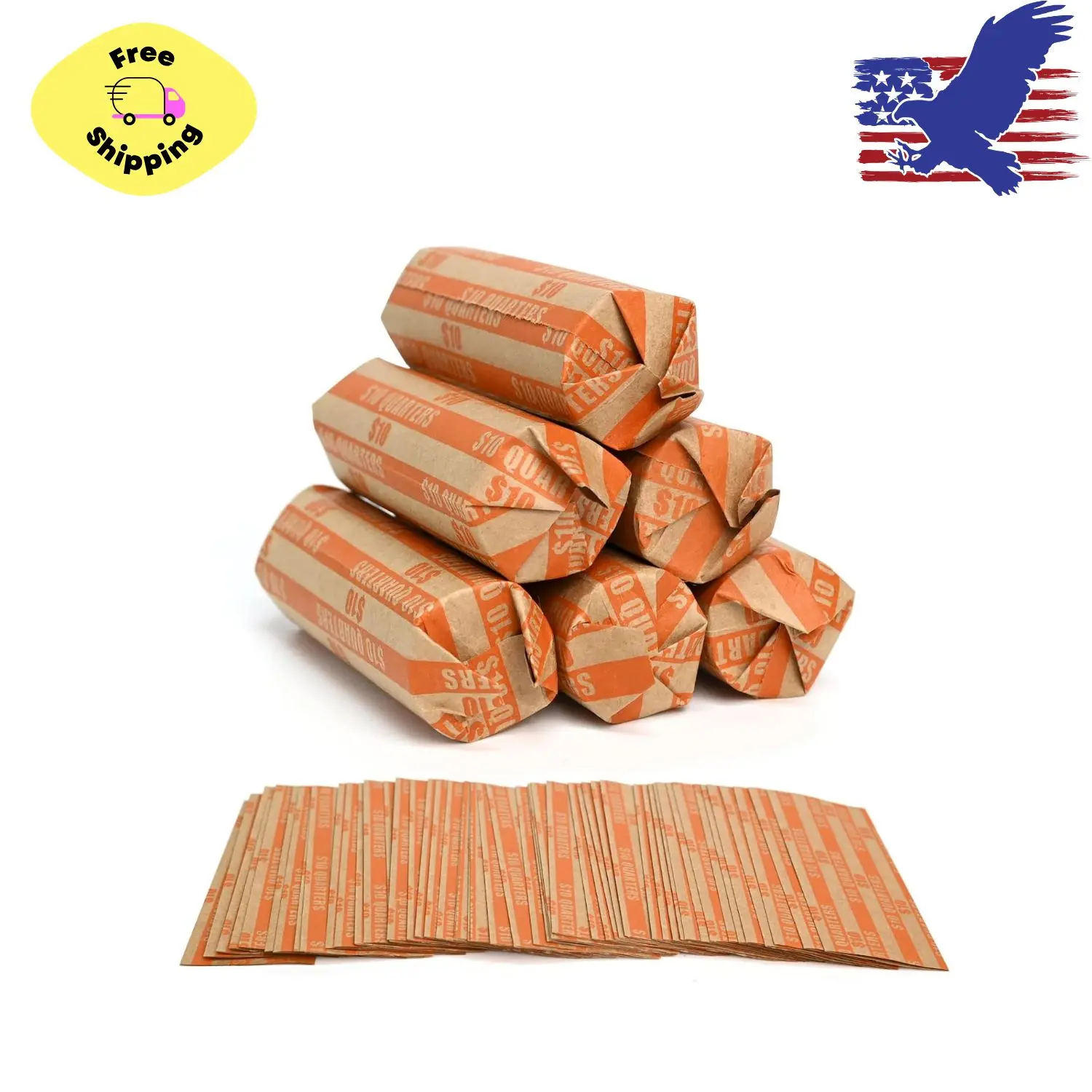 105 PCS Striped Flat Coin Wrappers Quarters Rolls Only, Orange (105 PCS - Quarters)