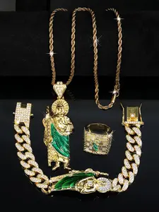 Men's Saint Jude Jewelry Set, Including Necklace & Bracelet & Ring, Rhinestone Decor Elegant Jewelry Set for Party, Daily Clothing Decor, Trendy Jewelry for Birthday Gift, Chunky Jewelry Set