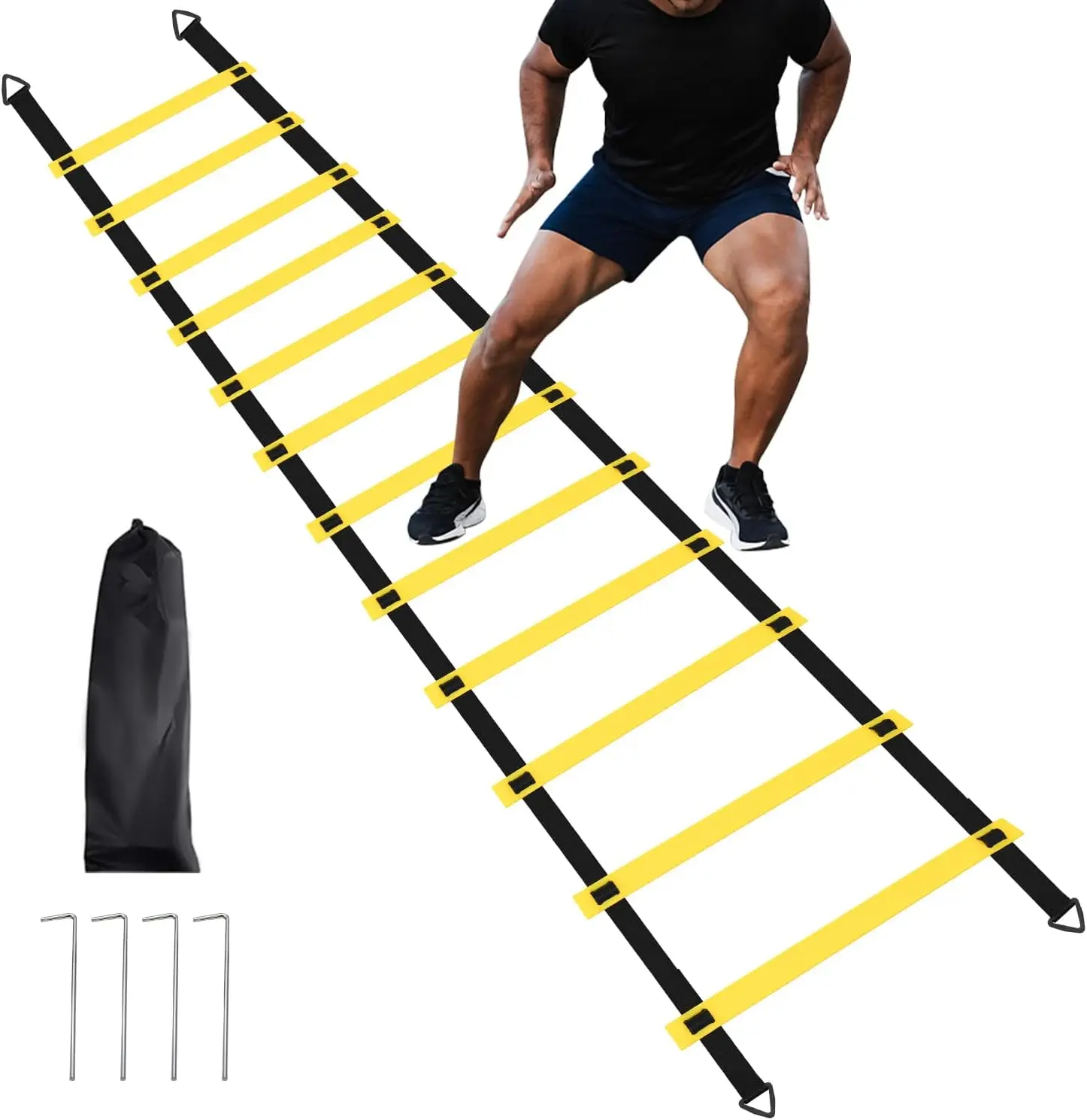 12-Rung Agility Ladder Set with Steel Stakes and Carry Bag for Soccer, Speed Training, Footwork Drills