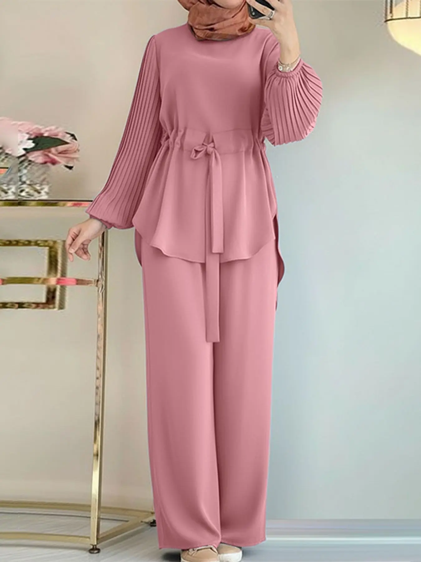 Women's Casual Modest Two Piece Suit Set, Round Neck Long Sleeve Top, High Waist Drawstring Pants, Loose-Fitting, Plain Design, Ideal for Daily Wear, Set Outfit
