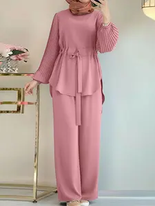 Women's Casual Modest Two Piece Suit Set, Round Neck Long Sleeve Top, High Waist Drawstring Pants, Loose-Fitting, Plain Design, Ideal for Daily Wear