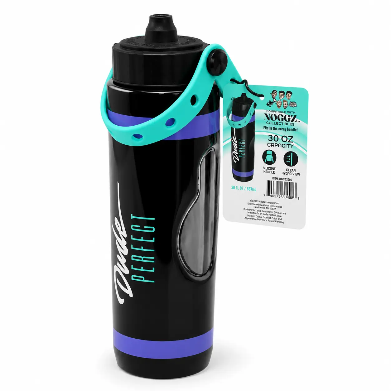 Dude Perfect Squeeze Water Bottle 30 oz, Black/Purple, Silicone Handle, Clear Hydro-View