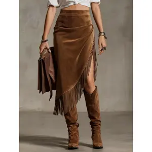 Women’s Retro Western Style Irregular Tassel Faux Suede Skirt GARMENTARY