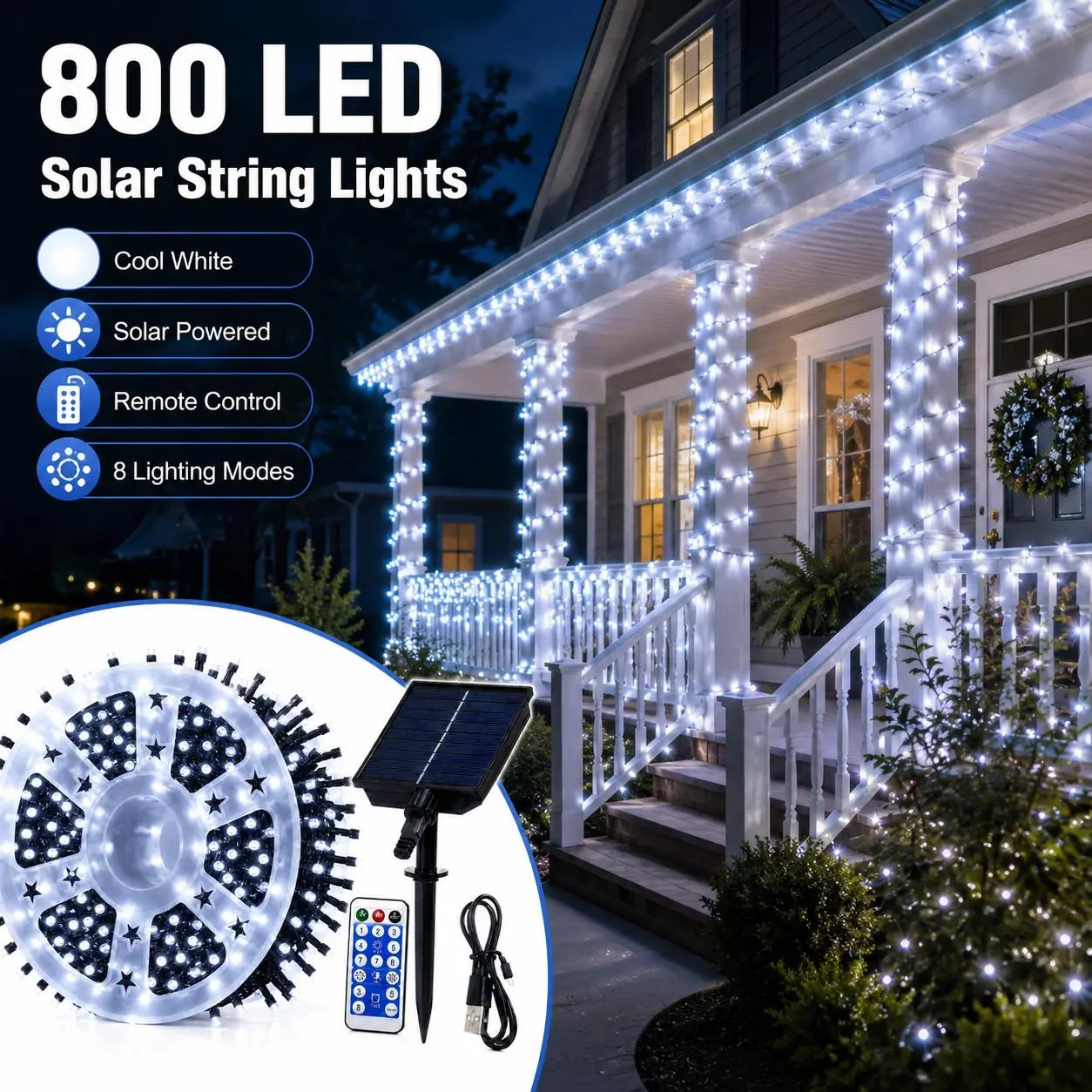 800-LED Solar Fairy String Lights (Outdoor) – Dual Power (Solar & USB) with Remote Control; 8 Lighting Modes, Waterproof Decorative Lights for Gardens, Patios, Christmas, Weddings, Parties, etc.