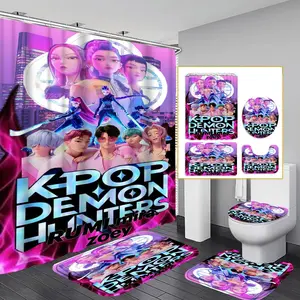 4-Piece Modern Bathroom Curtain Set, Colorful Background Shower Curtains, Includes 12 Hooks, Non-Slip Toilet Mat & U-Shaped Seat Cover, Shower Curtain Sets
