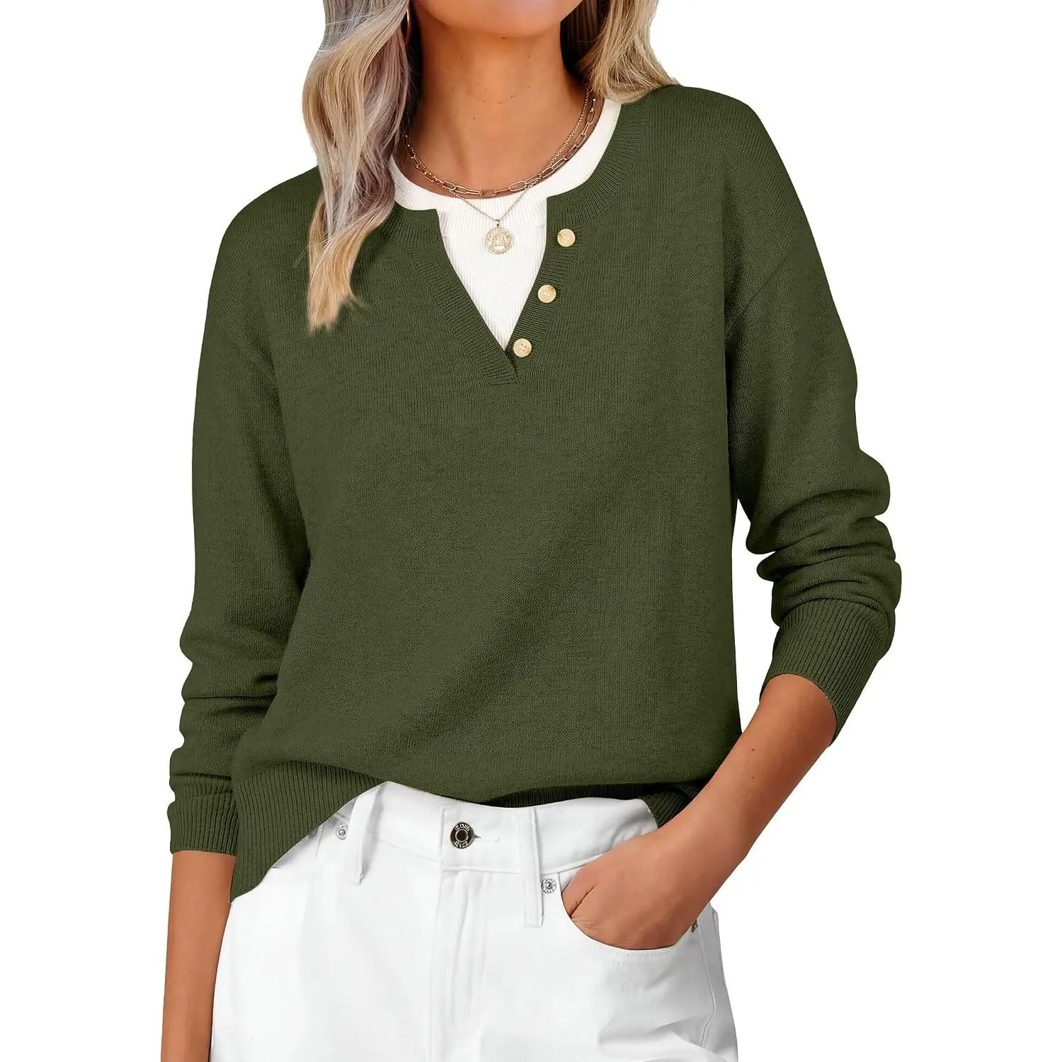 ANRABESS Women's Long Sleeve Lightweight Pullover Sweaters | 2 in 1 Layered Crew Neck, Soft Skin-Friendly Button Knit Tops, Business Casual Office Daily Wear, Fall Winter Outfit