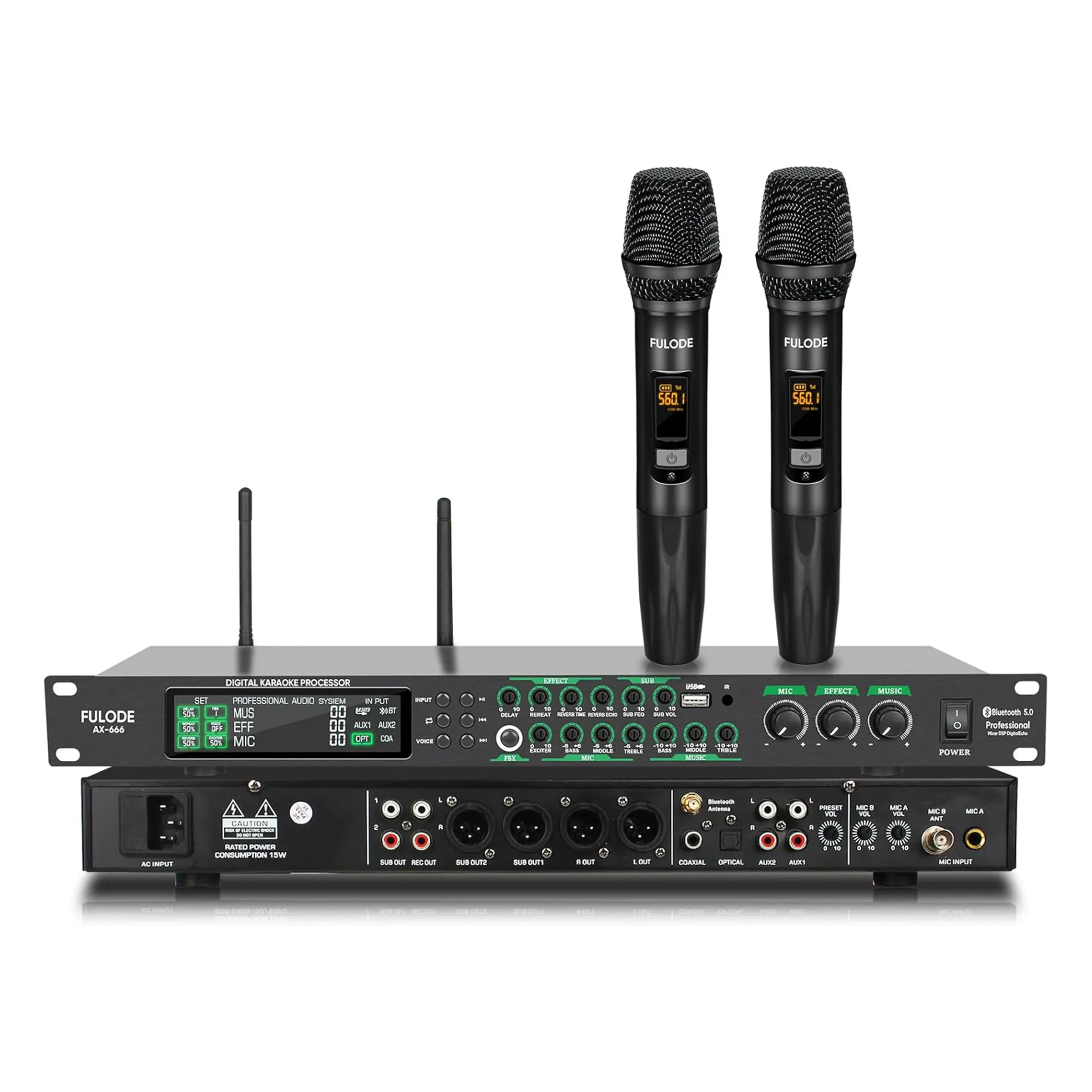 AX-666 Home Karaoke Machine with Dual Wireless Mics, DSP Anti-Howling Mixer, Bluetooth USB Optical, Family Party KTV Professional Audio Processor