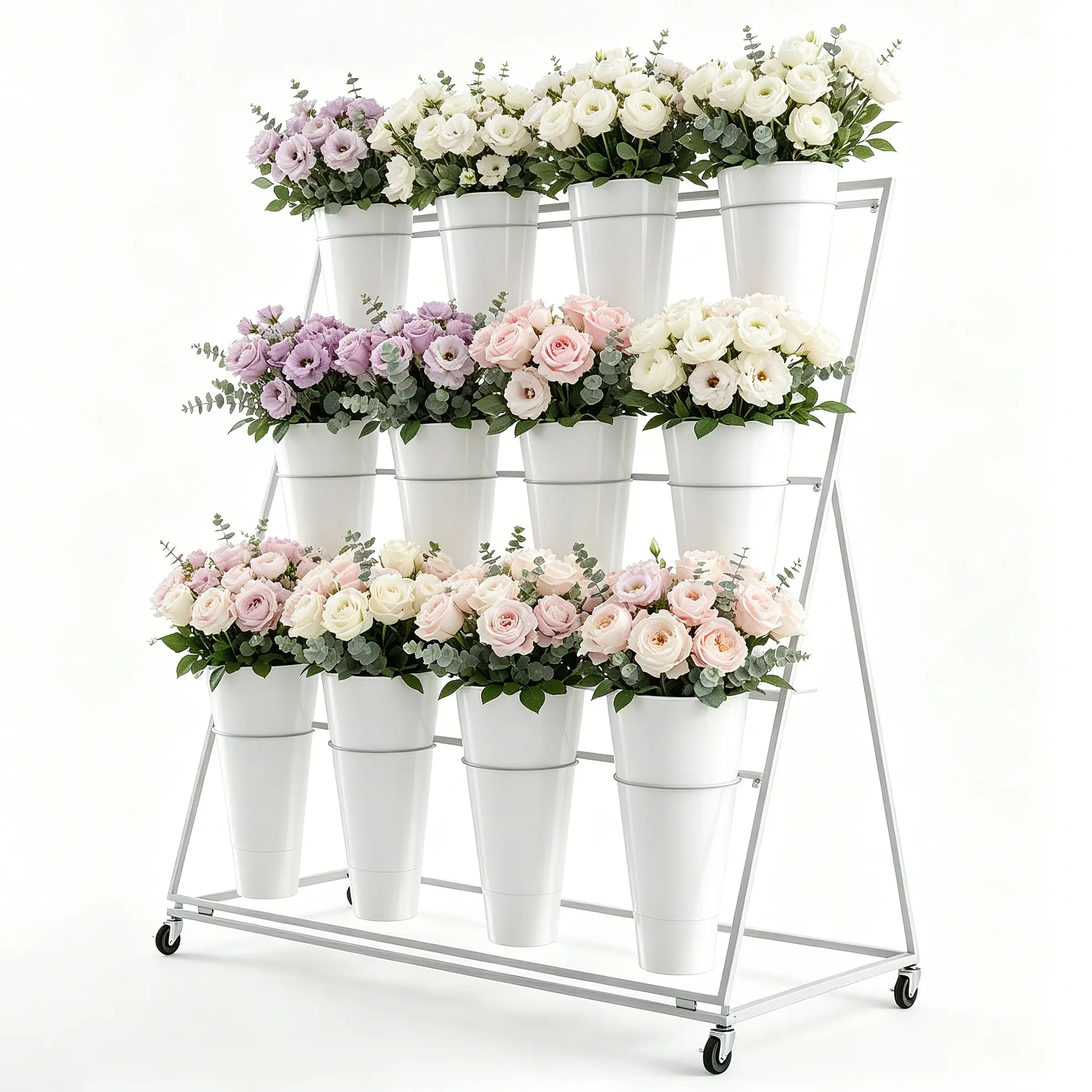 Flower Stand 2 Pack, 3-Tier 12 Basket Rolling Flower Display Stand, White Movable Plant Rack with Wheels, Outdoor Garden Planter Stand for Courtyard, Lawn, Flower Shop, Wedding Decor