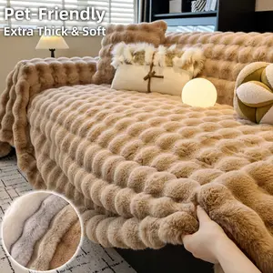 Solid Color Faux Fur Sofa Throw Blanket, Bubble Plush Couch Cover, Sofa Slipcover, Extra Thick Pet Friendly Sofa Cover, Fluffy Non Slip Sofa Towel, Machine Washable Warm Couch Protector for 1 2 3 4 Seater or L Shaped Sectional Living Room Decor