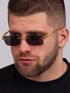 Men's Metal Frameless Leopard Print Sunglasses, Retro Stylish Square Shades, Outdoor Travel Fashion Eyewear, High-End Luxury Look