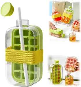 2-in-1 Ice Cube Bottle with Straw – Easy Press Ice Tray & Water Bottle Combo | 800ml Leak-Proof Utensil | Vertical Freezer Ice Maker with Shaped Cubes Insulated