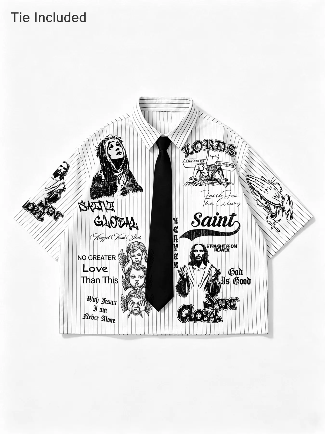 2Pcs Y2K Religious Saint Graphic Print Striped Collared Short Sleeve Button Up Shirt With Tie Set, Gothic Streetwear Oversized Top Unisex Daily Casual Streetwear Clothes Festival Party Menswear Collared Shirts