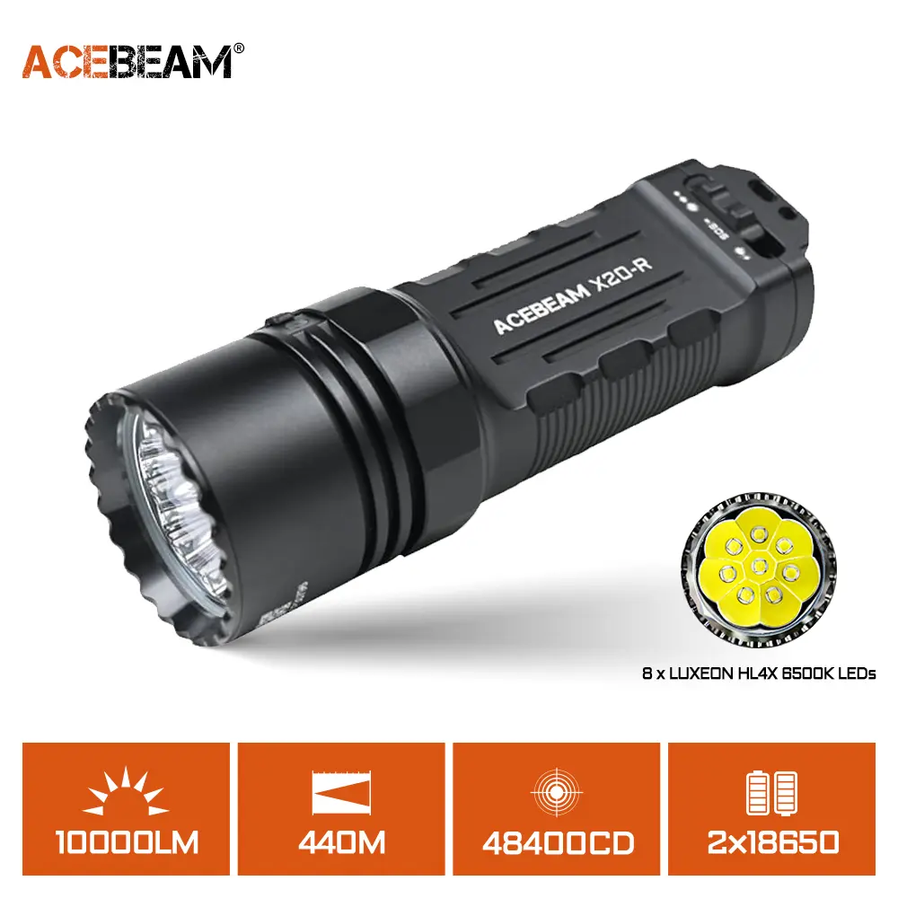 ACEBEAM X20-R Tactical Flashlight for Adults, 10000 Lumen USB-C Rechargeable with Tempered Glass Lens, Compact Aluminum Body for Search & Resc., SOS Mode 3min~3.5h, Lithium Ion Battery, Flashlights, Caving, Tactical Light, Search Rescue, High Lumen Flashl