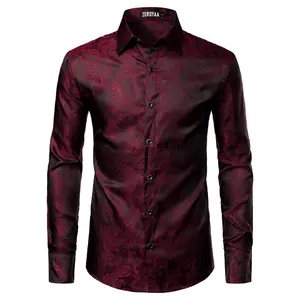 ZEROYAA Men's Paisley Jacquard Slim Fit Long Sleeve Button Up Dress Shirt for Party Prom