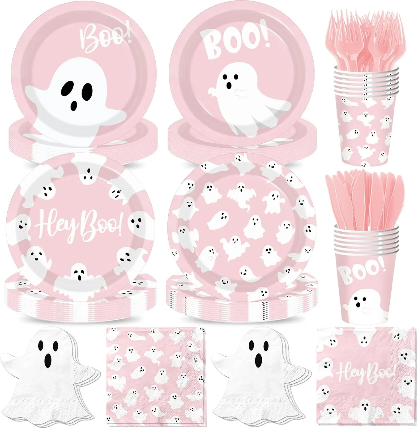 Halloween Paper Plates and Napkins, 144Pcs Pink Halloween Decor Ghost Plates and Napkins Cute Boo Ghost Tableware Set for Hallo-ween Birthday Party Decorations Boo Baby Shower Party Supplies