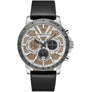 Kenneth Cole Men's Classic Stainless Steel Watch with Black Leather Strap, 44mm Grey Dial, Quartz Movement, Pin Buckle