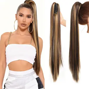 Heat Resistant Long Straight Braided Ponytail Extension Clip-in Hairpiece for Women Ladies Girls Synthetic Hair Extension Scrunchies with Straight Silky Texture Casual Decoration for Daily Wear Quick Style Plate Highlight Wig Travel ,SummerVibes summervib