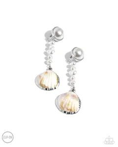 Oceanic Occasion - White Pearl Silver Shell Clip On Earrings - Paparazzi