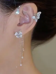 Women's Elegant Rhinestone Butterfly Design Ear Wrap (2pcs/set), Exquisite Trendy Tassel Earrings, Fashionable Y2K Jewelry for Party & Daily Clothing & Wedding Bride Decoration