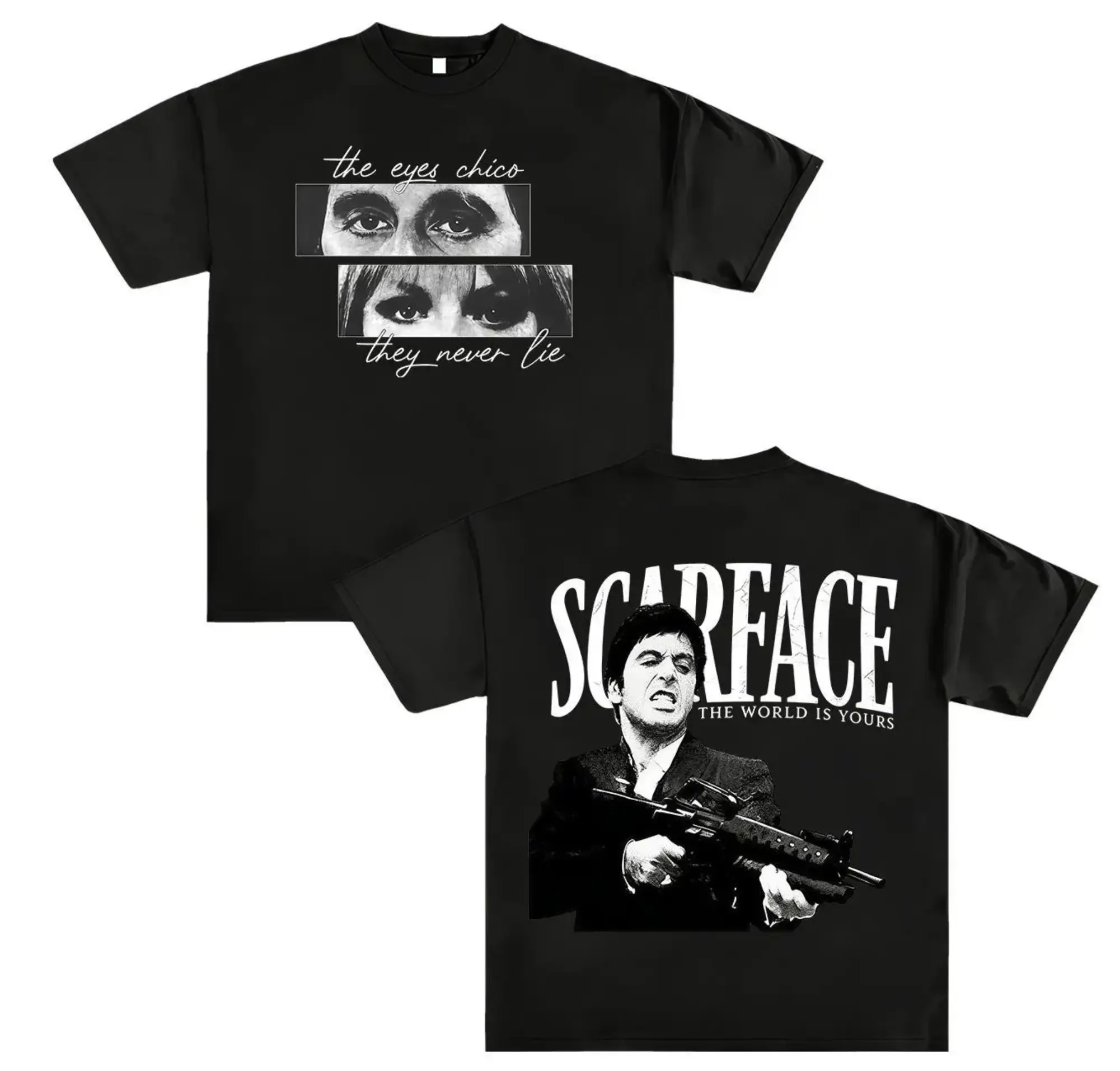Scarface Graphic Tee For Men Stylish Black Short Sleeve Crew Neck Summer T-Shirt Vintage Gangster Style Graphic Tee For Men Stylish Black Short Sleeve Crew Neck Summer T-Shirt 100% Cotton Movie Inspired Streetwear Top