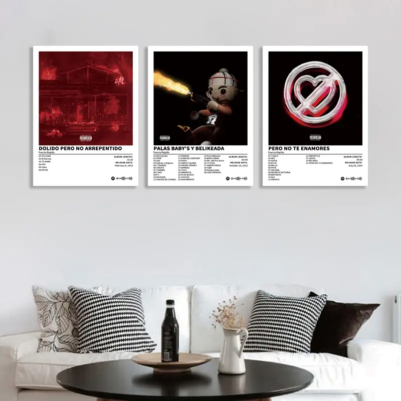 3-piece set of music album cover canvas wall posters, Art Prints, Decorative Wall Art, Fuerza Regida/Pa las Baby's Y Belikeada, R&B pop style, suitable for home and office spaces, music lovers, hip-hop fans, frameless, Art Wall Decoration