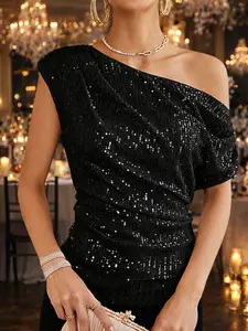 Women One Shoulder Sequin Top Asymmetrical Neck Glitter Blouse Slim Fit Ruched Sparkly Party Shirt Elegant Evening Going Out Clubwear Dressy Top Chic Holiday Cocktail Night Out Fashion Lady Womenswear