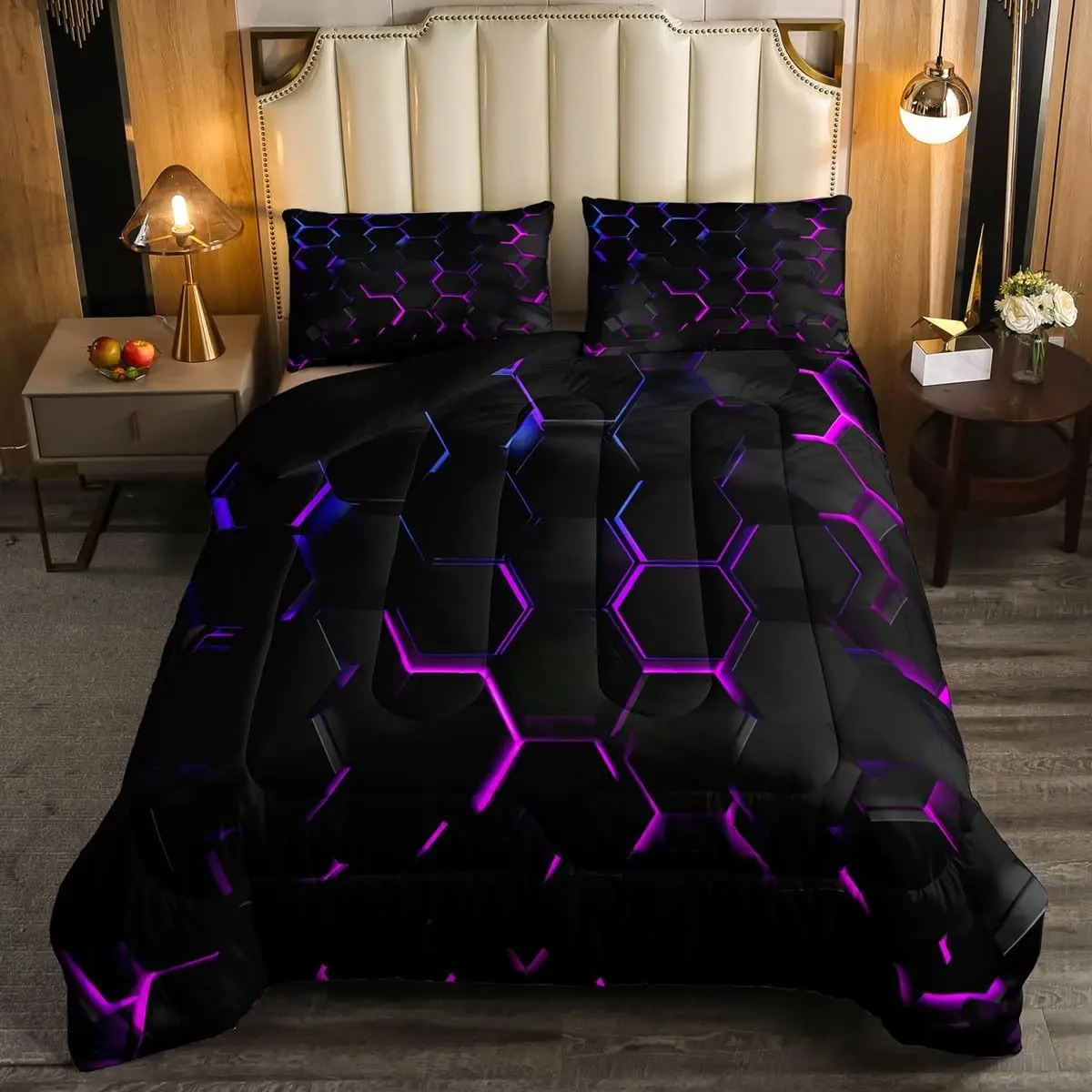 Boys Hexagonal Bedding Set 3D Geometric Honeycomb Black Blue Purple Ombre Beehive Down Comforter Neon Light Geometrical Quilt Soft Breathable Blanket Glow Dark Duvet Twin Full Queen King Sizes, Geometric Pattern Bedding, Microfiber Bedding, Breathable Bed