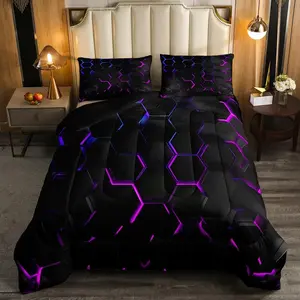 Boys Hexagonal Bedding Set 3D Geometric Honeycomb Black Blue Purple Ombre Beehive Down Comforter Neon Light Geometrical Quilt Soft Breathable Blanket Glow Dark Duvet Twin Full Queen King Sizes, Geometric Pattern Bedding, Microfiber Bedding