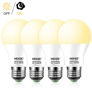 HEKEE Dusk to Dawn Sensor Light Bulbs LED A19 810 Lumens, Outdoor Porch Lights, 60 Watt Equivalent, Warm White 2700K Soft White Security Bulb(Auto on/Off), E26 Screw Base(4 Pack)