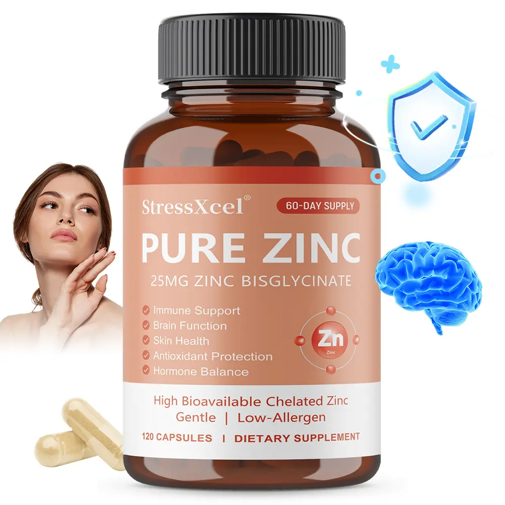 StressXcel Pure Zinc Bisglycinate Supplement 25mg - Highly Absorbable Chelated Zinc for Immune Support & Skin Health, 120 Capsules