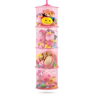 Hanging Stuffed Animal Storage Hammock Toy Net, Foldable Stuffed Animals Net 4 Compartments, Toy Storage Organizer for Plushies Mesh Kids Girls Room Decor, Pink