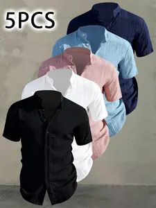 5pcs Men's Summer Short Sleeve Shirt, Lightweight Breathable Solid Color Button-Up Classic Casual Shirt with Stand Collar, Ideal for Beach, Vacation and Pool Parties, Casual Attire, Beach Shirt, Gift for Husband, Menswear