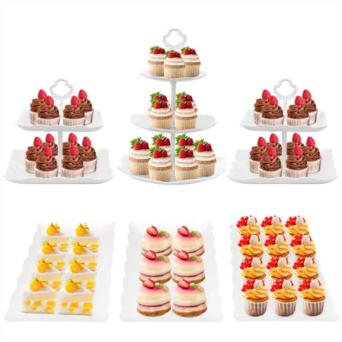 ZUMELER Lightweight White Plastic Cupcake Stands 6pc Party Set - 3-Tier & 2-Tier, Round/Rect Shapes, Universal Stable Sturdy Holder, Tension Mount Kitchen Organizer, Covers for Party Decor