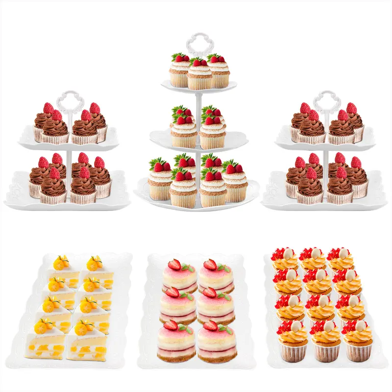 ZUMELER Lightweight White Plastic Cupcake Stands 6pc Party Set - 3-Tier & 2-Tier, Round/Rect Shapes, Universal Stable Sturdy Holder, Tension Mount Kitchen Organizer, Covers for Party Decor