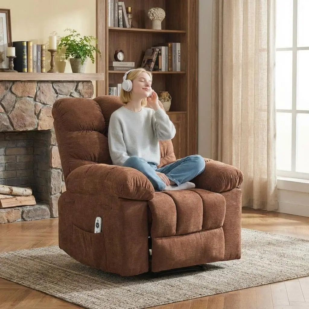GARVEE Ergonomic Steel Rocking Recliner Chair - Oversized Overstuffed High-Resiliency Fabric Lounge Chair with Massage, Heat & Mass., 2 Side Pockets, Quick Setup, Assembly Required for Adult Living Room, Bedroom Relaxation, Iron