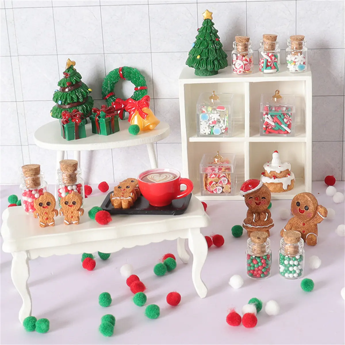 Dollhouse Miniature 24-Piece Crafting Accessory Set - Christmas Cedar Tree, Candy Jar, Gingerbread Man, Model Door for Boy’s Festive Dollhouse DIY Scene Decoration, Christmas Tree