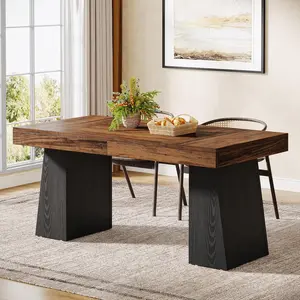 LITTLE TREE Dining Room Table for 4-6, 55-Inch Mid-Century Modern Dining Table with Double Pedstral, Rectangular Wood Kitchen Dinner Table for Dining Room, Kitchen, Home, Black & Brown