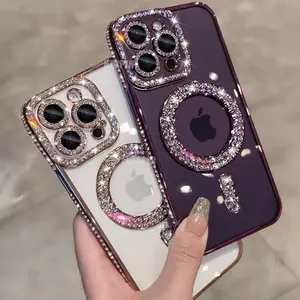 Cute High-grade Glitter Rhinestones Magnetic Shockproof Protective Phone Cases For iPhone 16 15 11 12 13 14 Pro Max Plus Clear Magsafe Cellphone Case Lens Protection Smartphone Screen Protector Cover