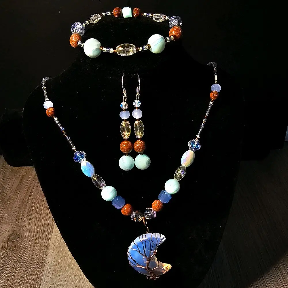 Gabriela Haller HigherKii Artique Jelly Moon Jewelry Set with Crescent Pendant and Beaded Necklace Set