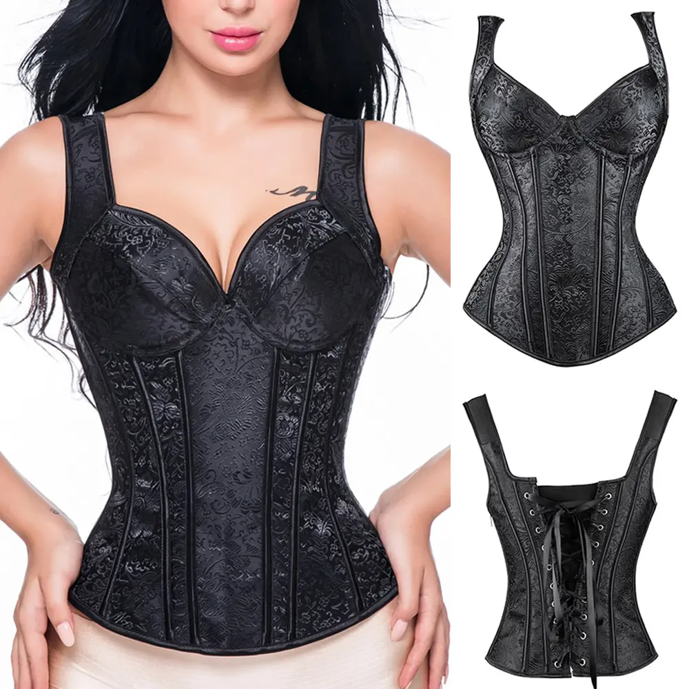 Women's Black Lace-Up Gothic Jacquard Shoulder Strap Overbust Corset Bustier Top - Lady's Casual Clothes, Corset Shapewear, No Padding Halloween Costume, Spandex Body Shaping Underwear (1-6XL), Cute