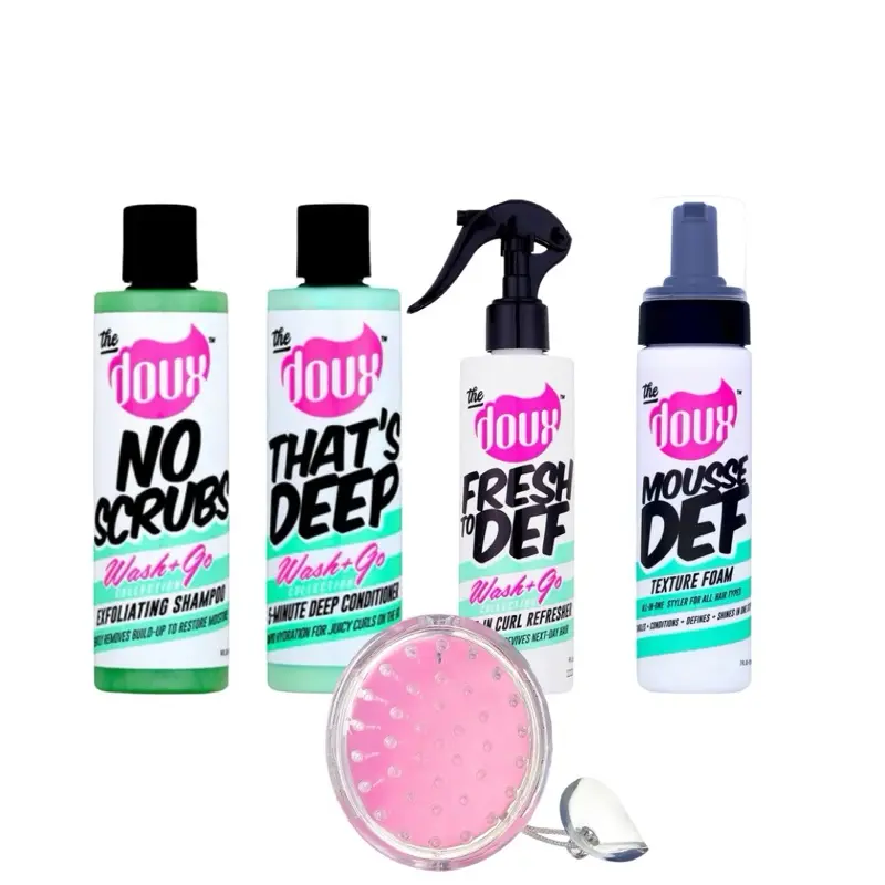The Doux Wash & Go Bundle No Scrubs Wash & Go Exfoliating Shampoo + Conditioner + Leave-In Conditioner + Hair Mousse + Shampoo Brush Haircare Set
